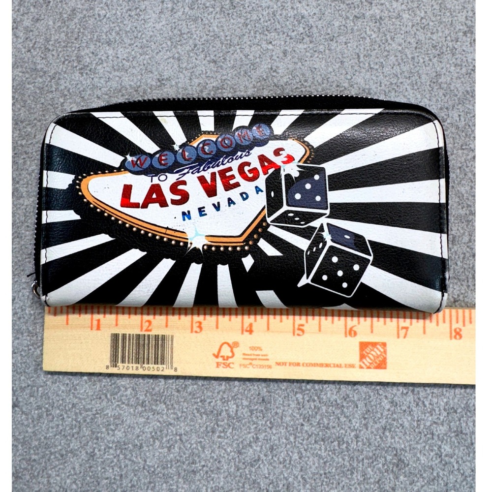 Las Vegas Nevada Zip Around Wallet‎ Faux Leather Casino Dice Travel Black White